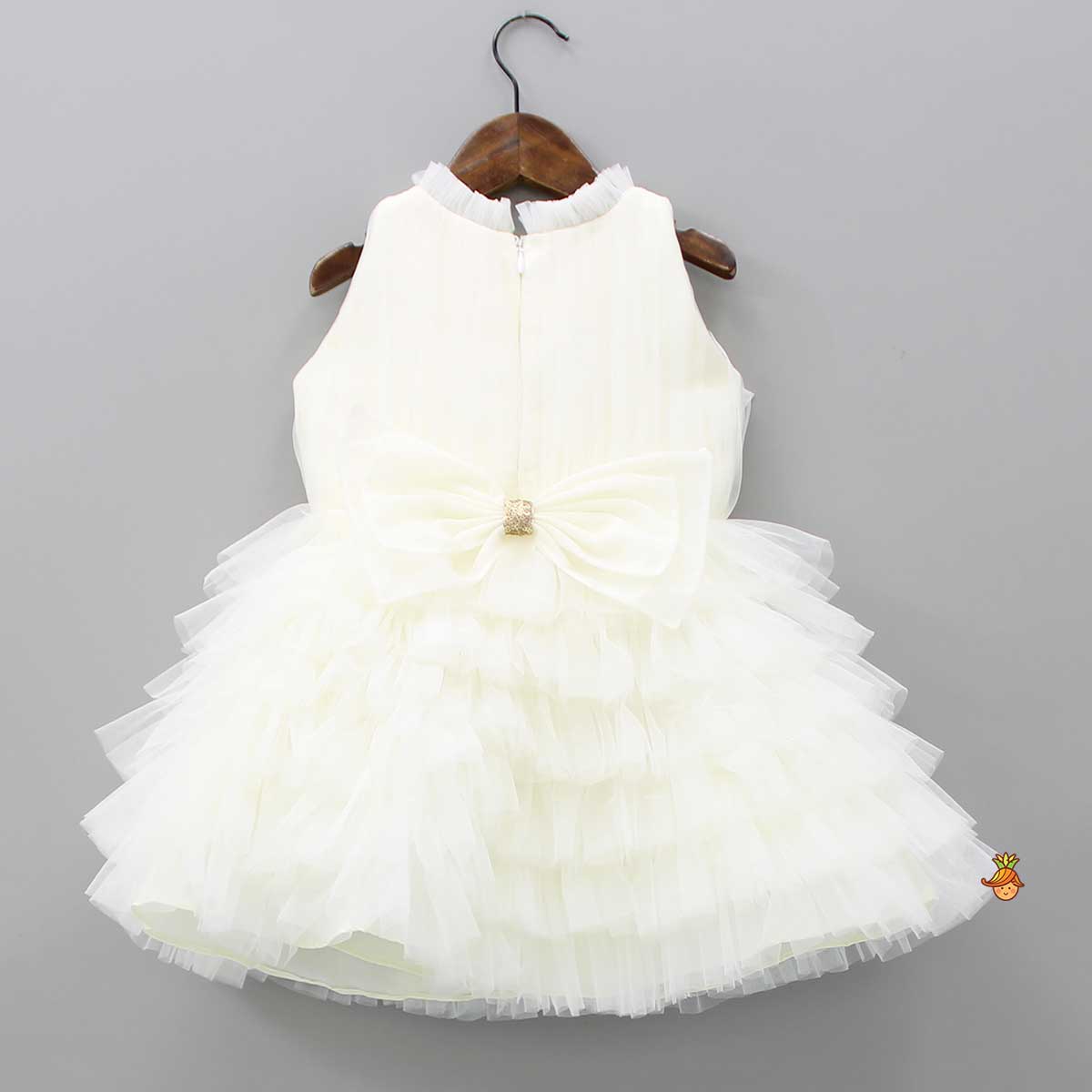 Pre Order: Fairy Embroidered Yoke Off White Multi Layered Dress With Head Band