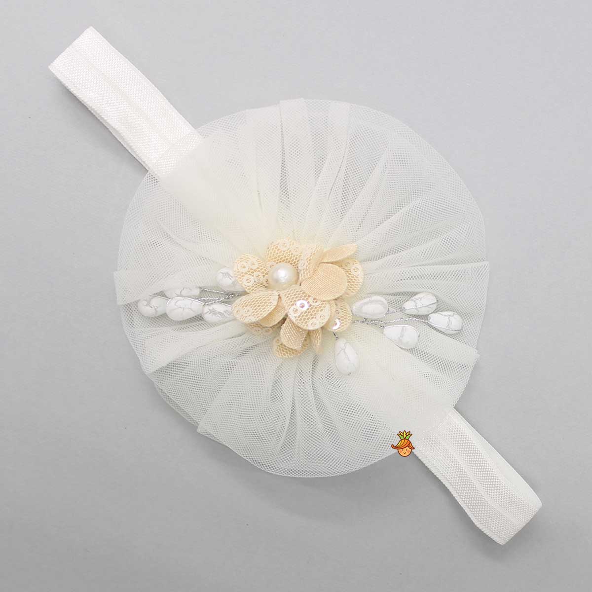 Pre Order: Fairy Embroidered Yoke Off White Multi Layered Dress With Head Band