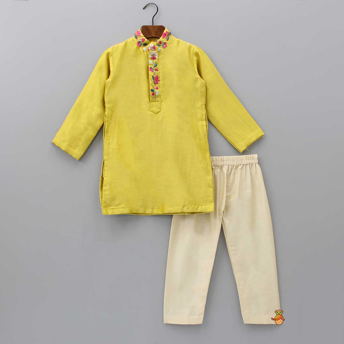 Pre Order: Embroidered Collar And Front Placket Mustard Kurta With Pyjama