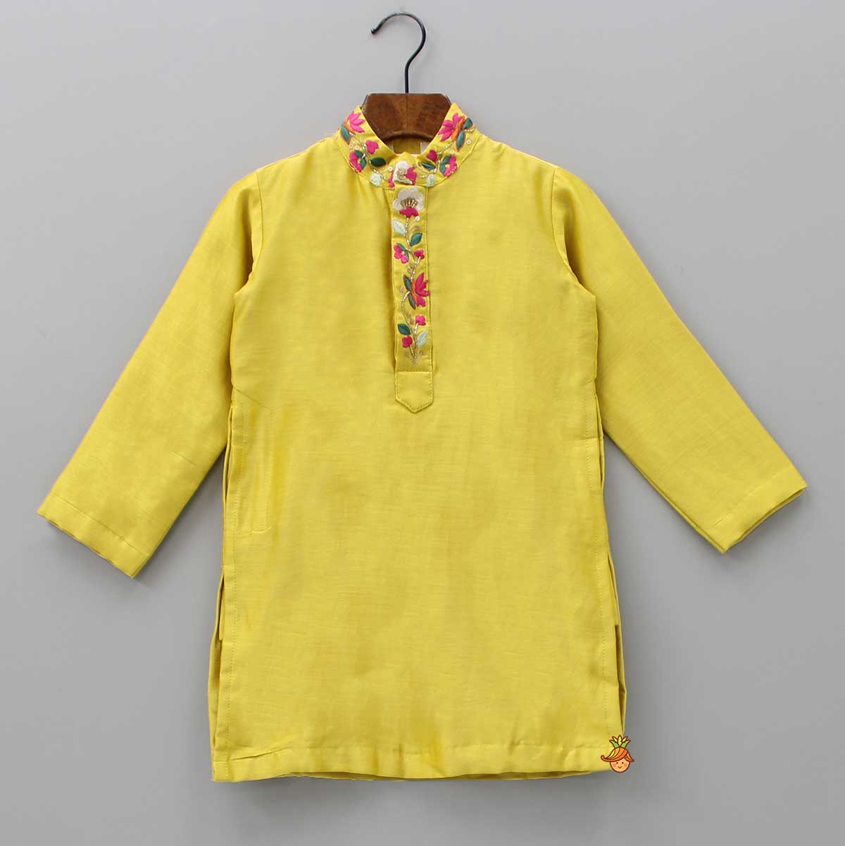 Pre Order: Embroidered Collar And Front Placket Mustard Kurta With Pyjama