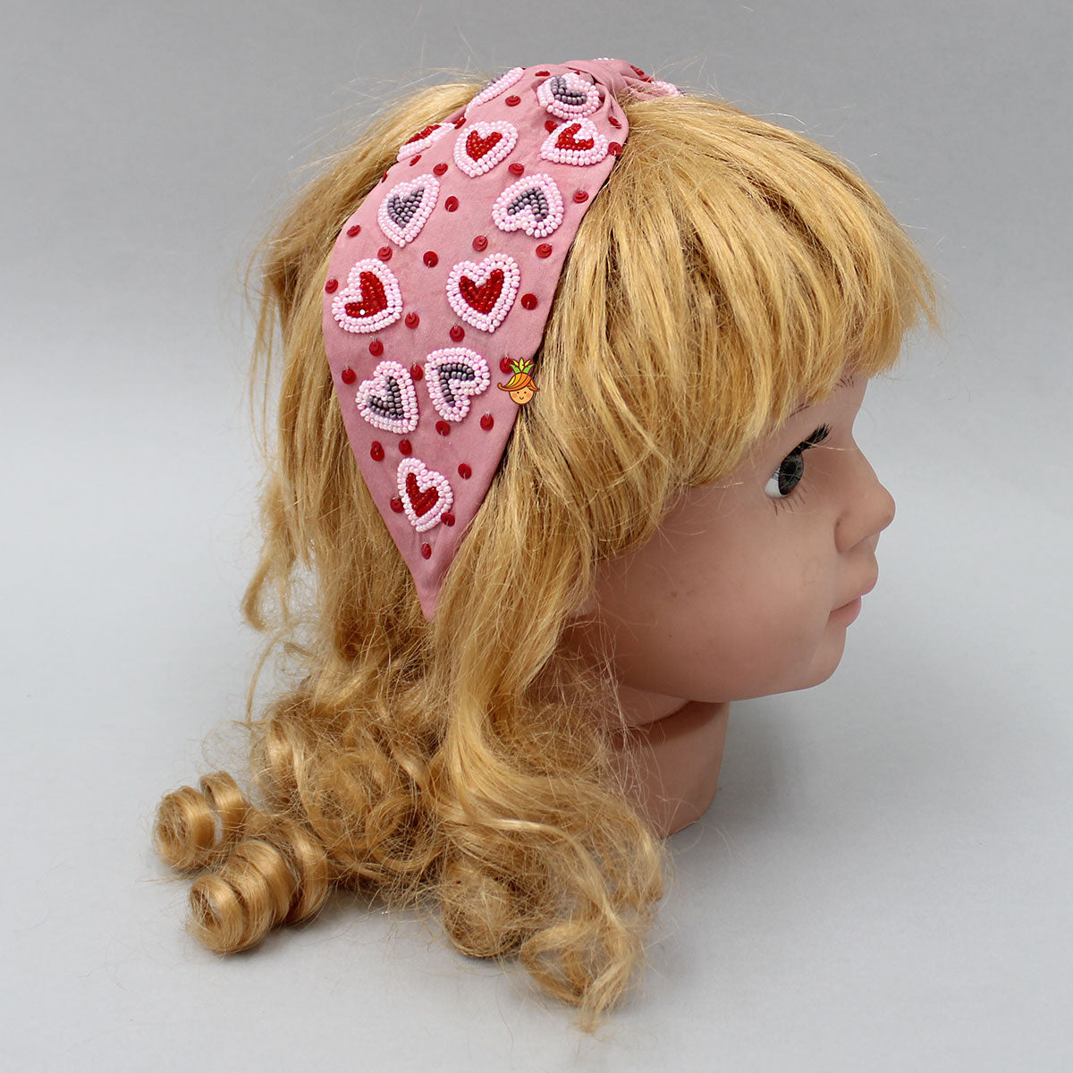 Peach Cute Sweet Heart Embroidered Hair Band