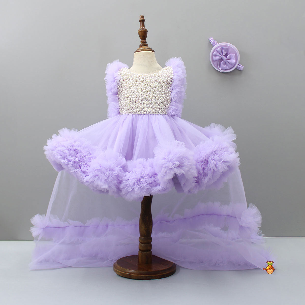Pre Order: Embroidered Yoke Ruffle Hem Lavender Dress With Detachable Trail And Matching Head Band