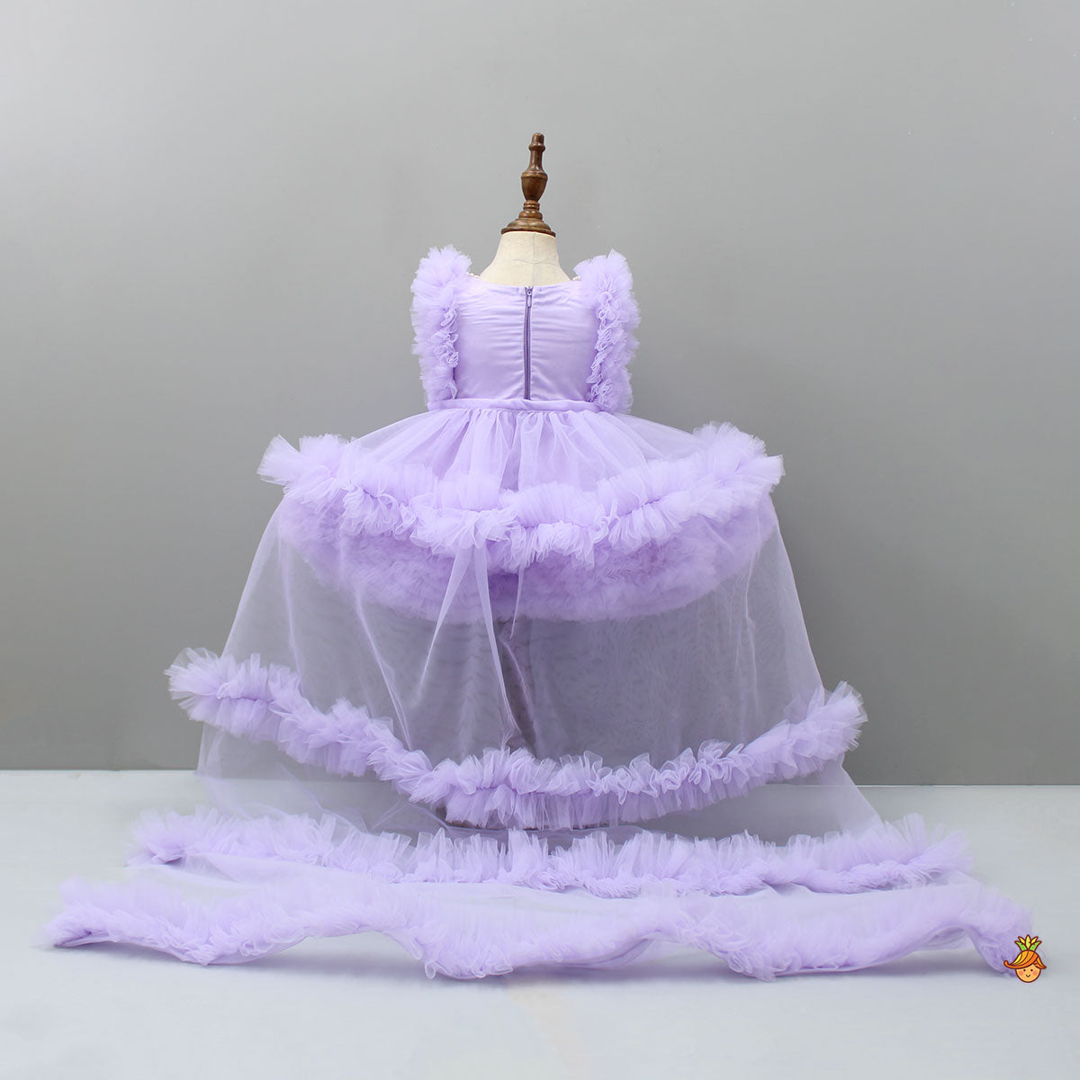 Pre Order: Embroidered Yoke Ruffle Hem Lavender Dress With Detachable Trail And Matching Head Band