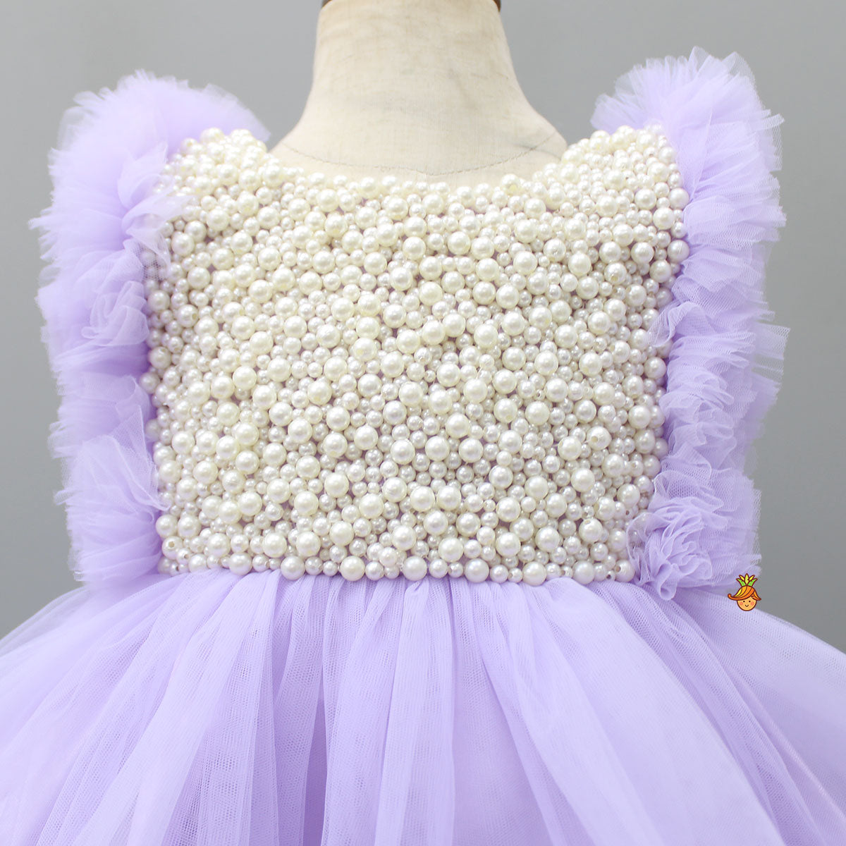 Pre Order: Embroidered Yoke Ruffle Hem Lavender Dress With Detachable Trail And Matching Head Band