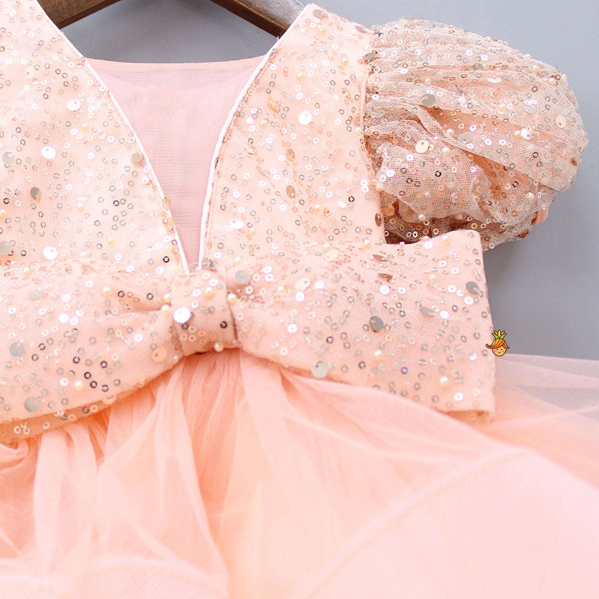 Sequined Peach Puff Sleeves Ruffle Dress With Bowie Head Band