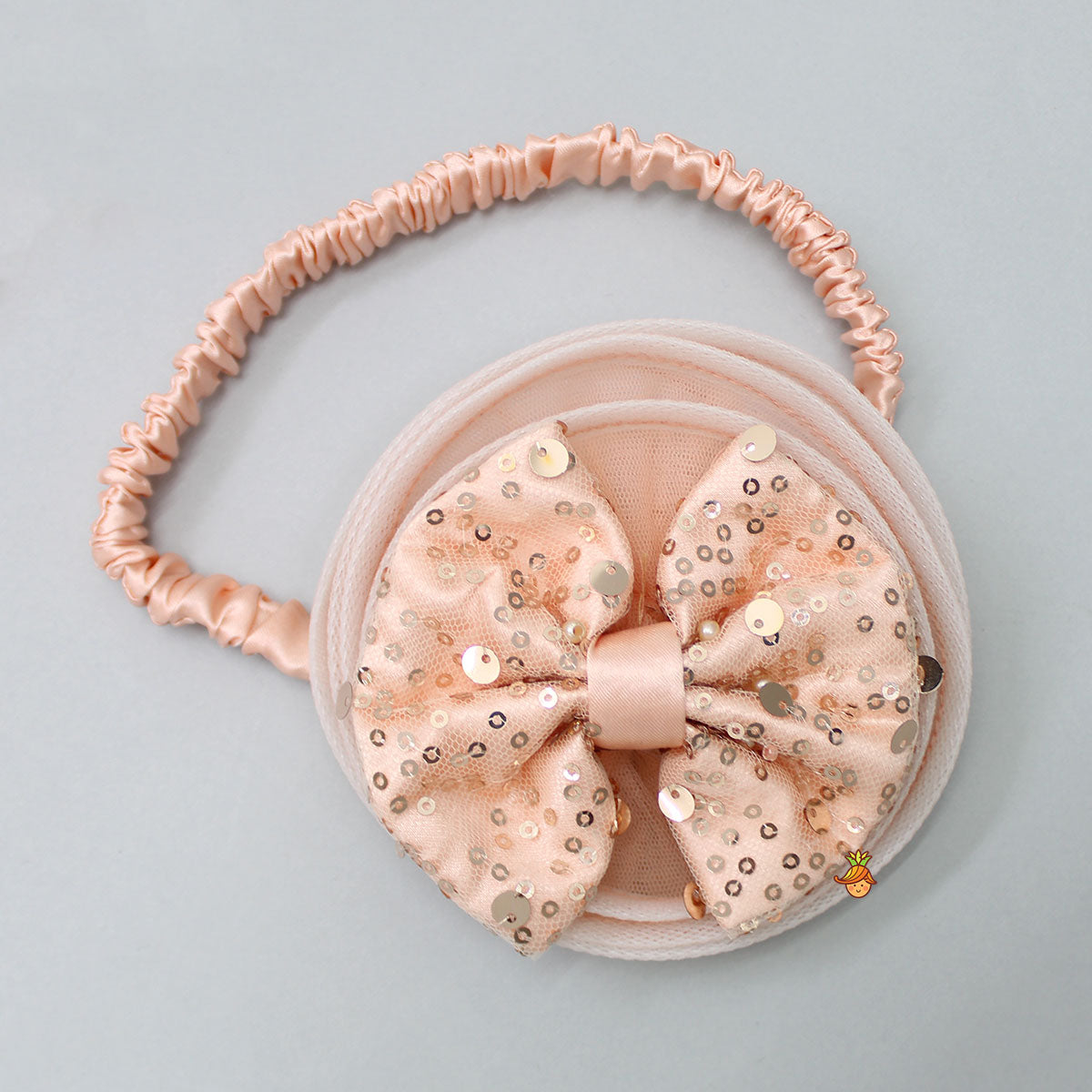 Sequined Peach Puff Sleeves Ruffle Dress With Bowie Head Band