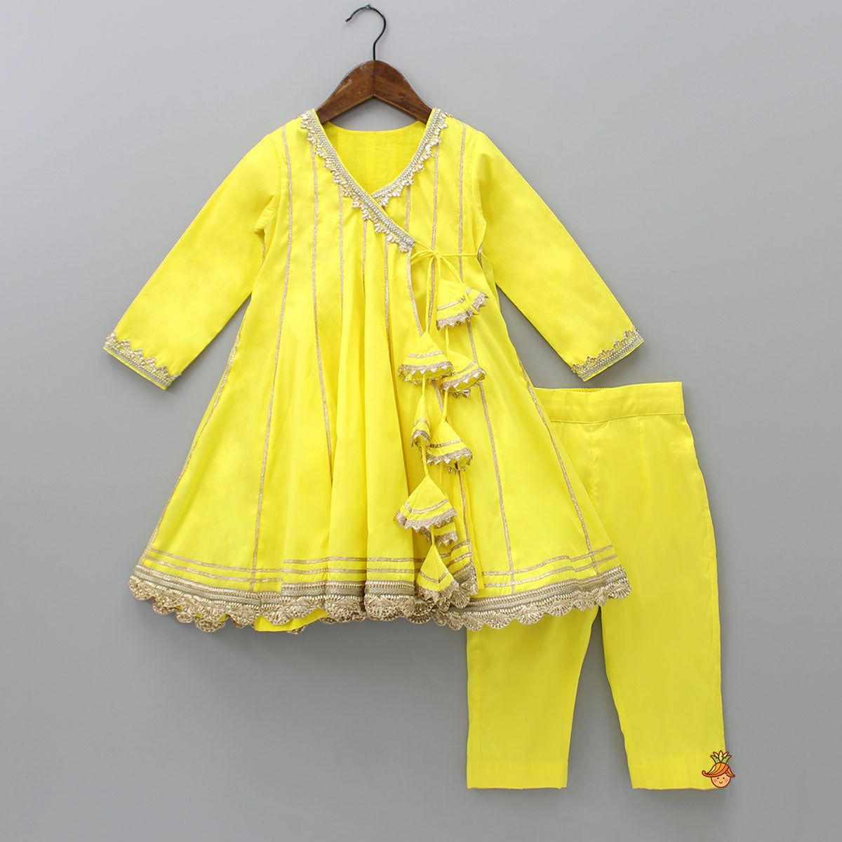 Pre Order: Gota Lace Detailed Angarkha Style Yellow Kurti And Pant