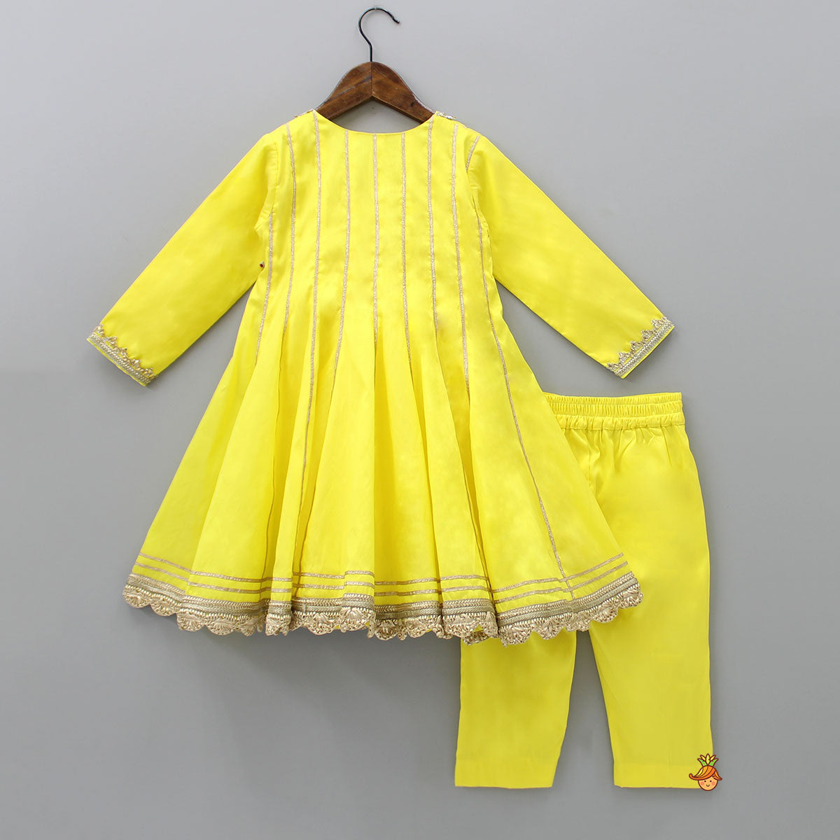Pre Order: Gota Lace Detailed Angarkha Style Yellow Kurti And Pant