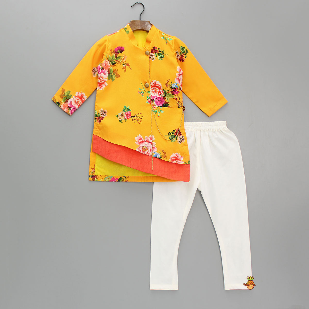 Pre Order: Yellow Floral Kurta And Off white Churidar