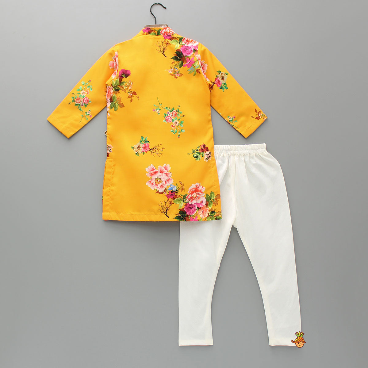 Pre Order: Yellow Floral Kurta And Off white Churidar