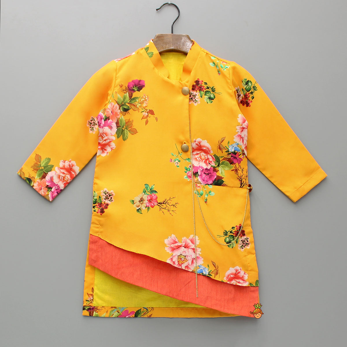 Pre Order: Yellow Floral Kurta And Off white Churidar