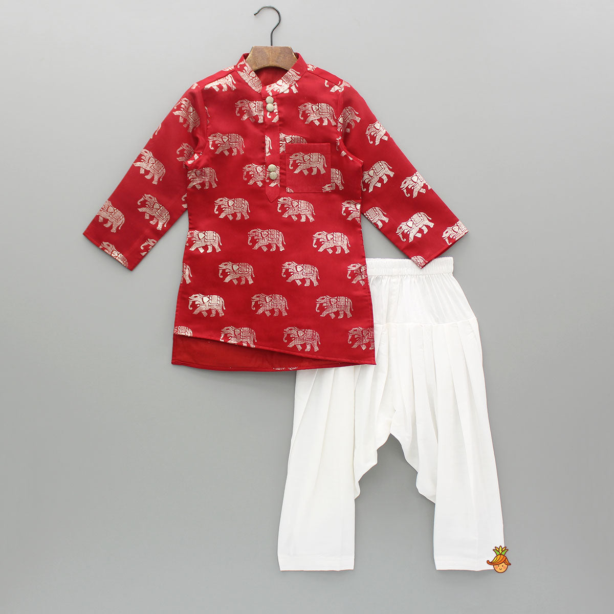 Pre Order: Red Elephant Printed Kurta With White Patiala