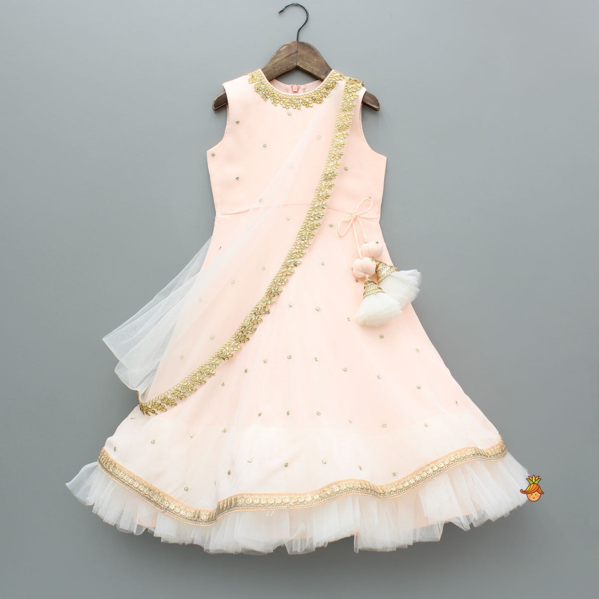 Pre Order: Peach Embroidered Gown With Draped Dupatta