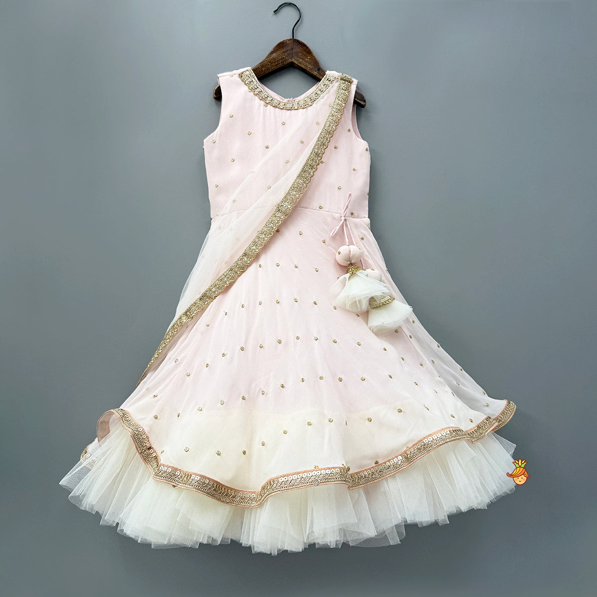 Pre Order: Peach Embroidered Gown With Draped Dupatta