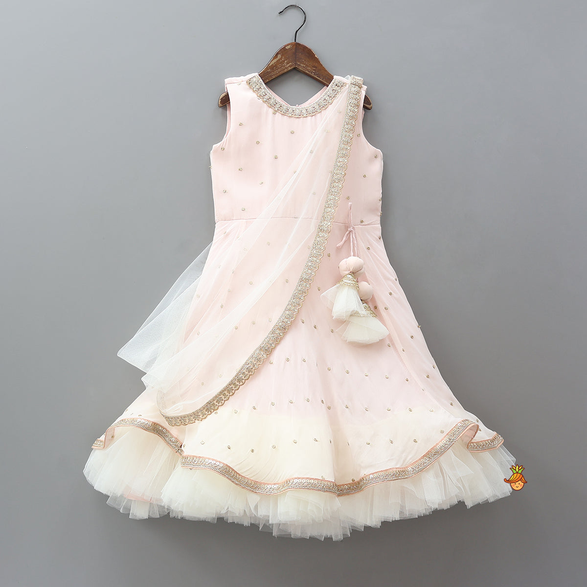 Pre Order: Peach Embroidered Gown With Draped Dupatta