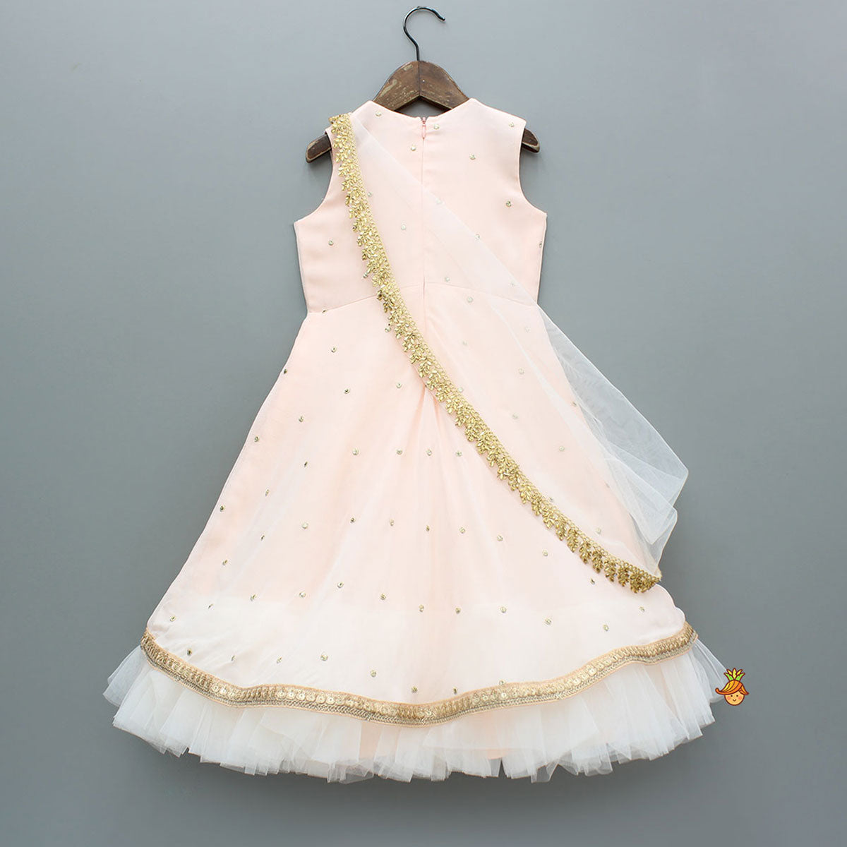 Pre Order: Peach Embroidered Gown With Draped Dupatta