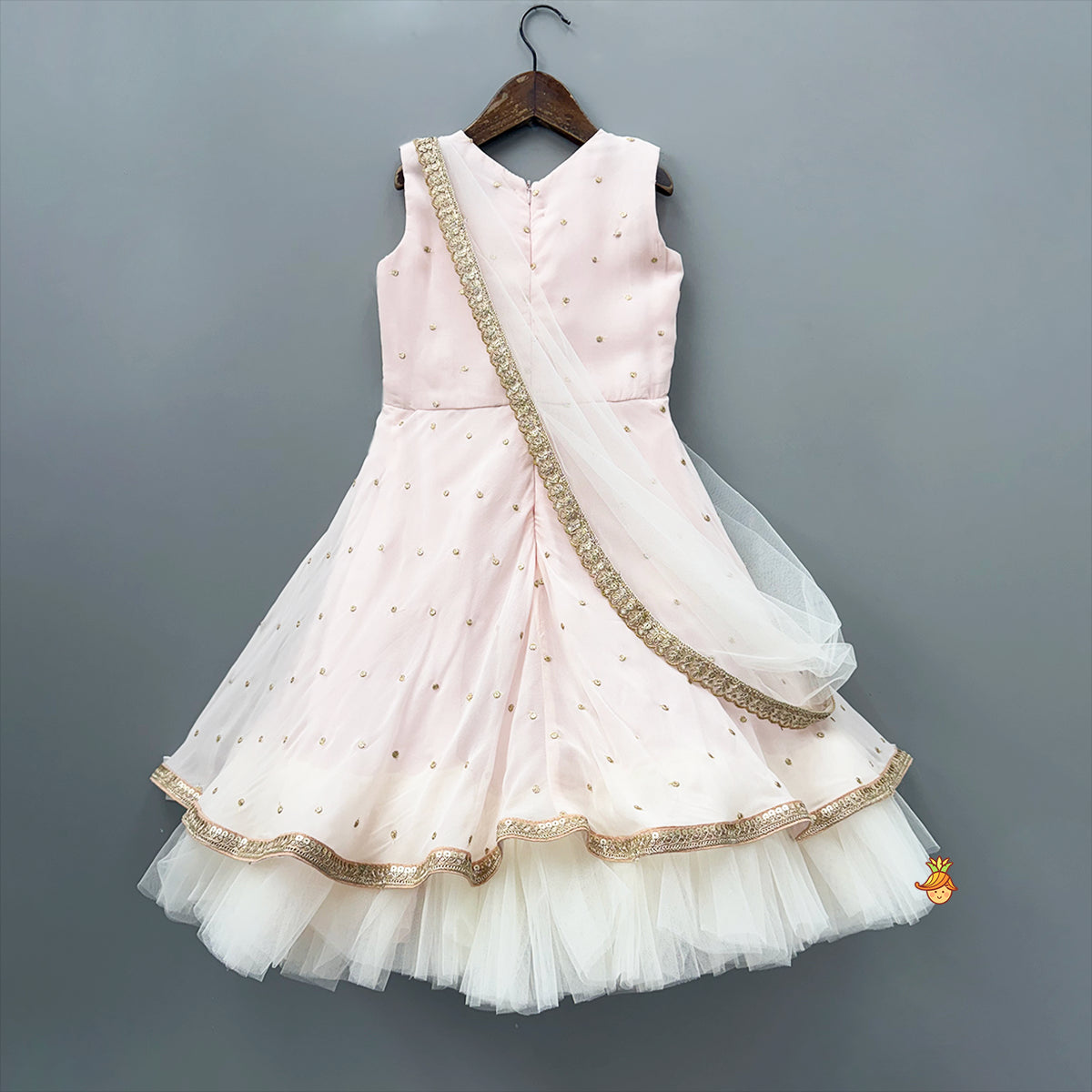 Pre Order: Peach Embroidered Gown With Draped Dupatta