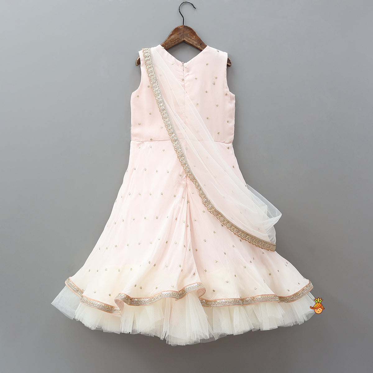 Pre Order: Peach Embroidered Gown With Draped Dupatta