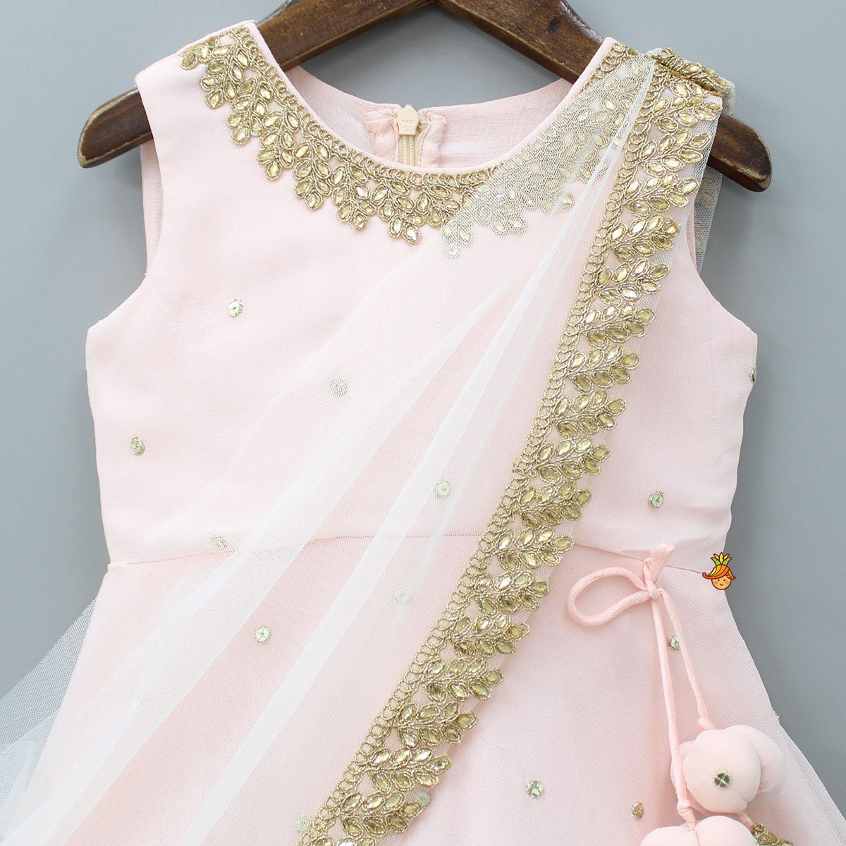 Pre Order: Peach Embroidered Gown With Draped Dupatta