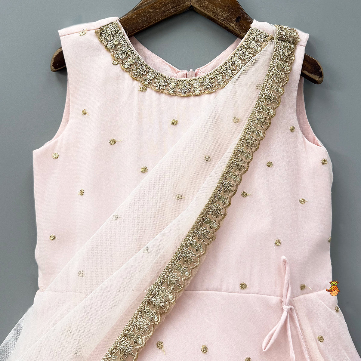 Pre Order: Peach Embroidered Gown With Draped Dupatta