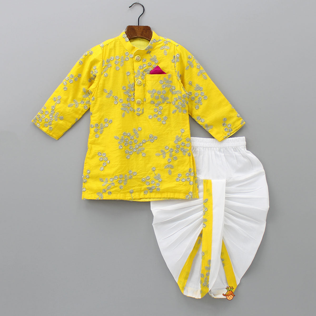 Pre Order: Yellow Embroidered Kurta And White Dhoti