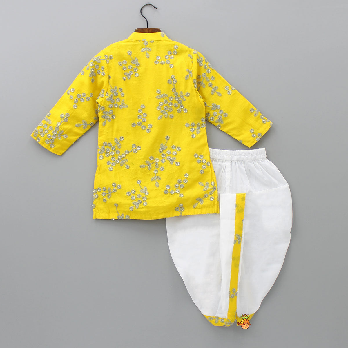 Pre Order: Yellow Embroidered Kurta And White Dhoti