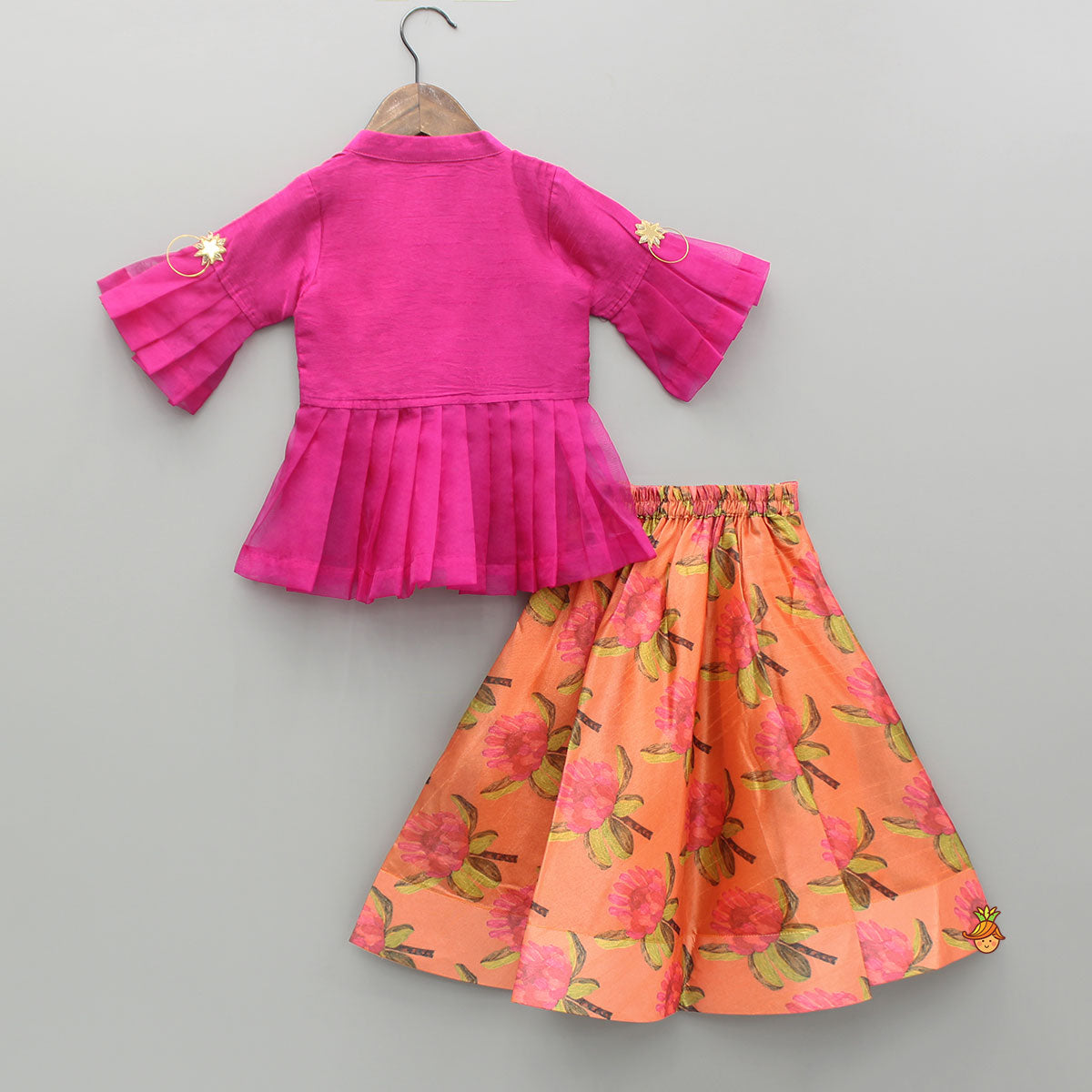 Pre Order: Pink Top And Orange Floral Print Ghagra