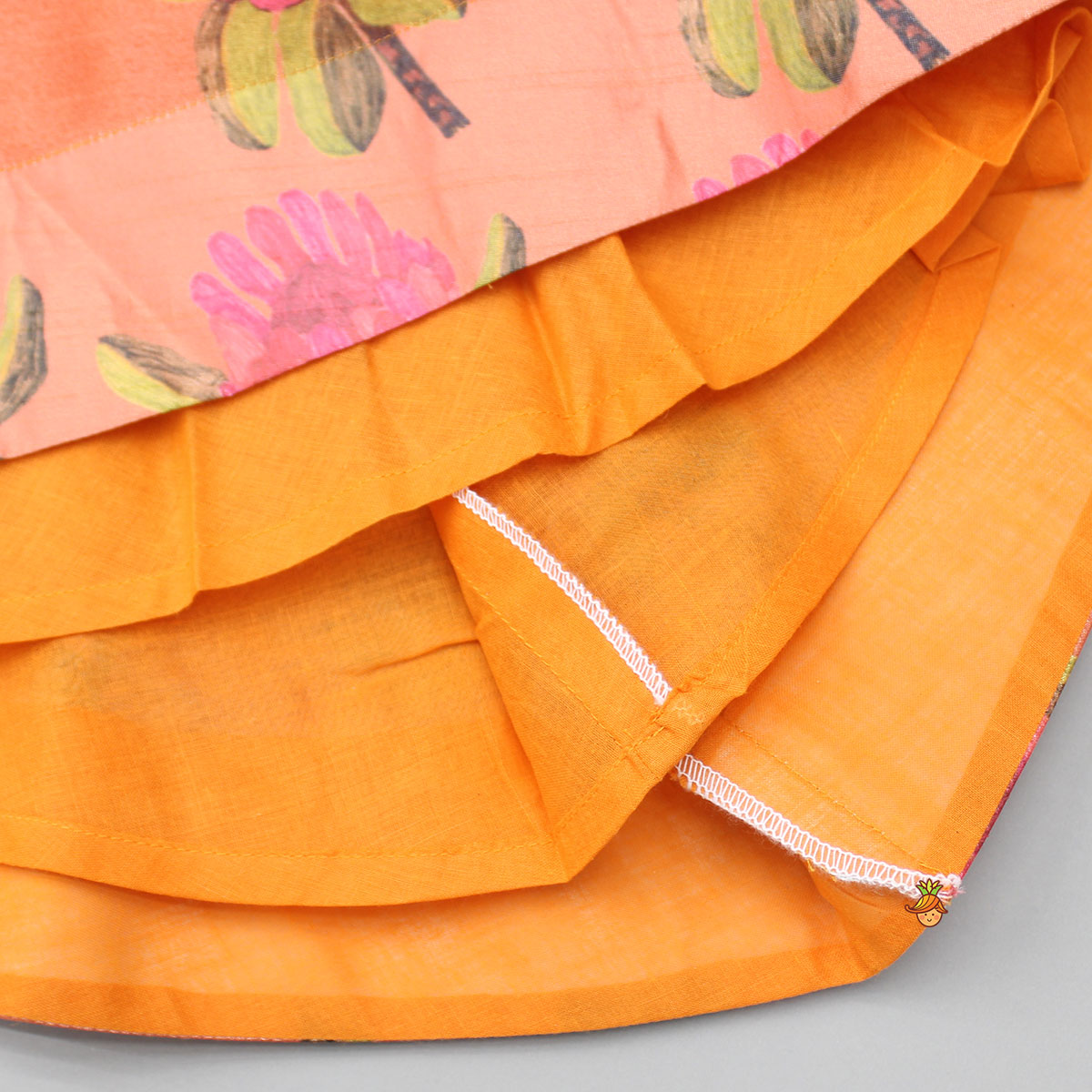 Pre Order: Pink Top And Orange Floral Print Ghagra