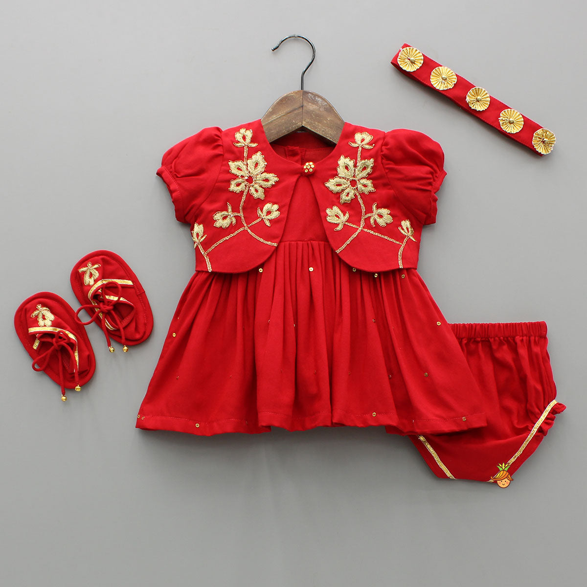 Pre Order: Red Jamna With Embroidered Jacket Set