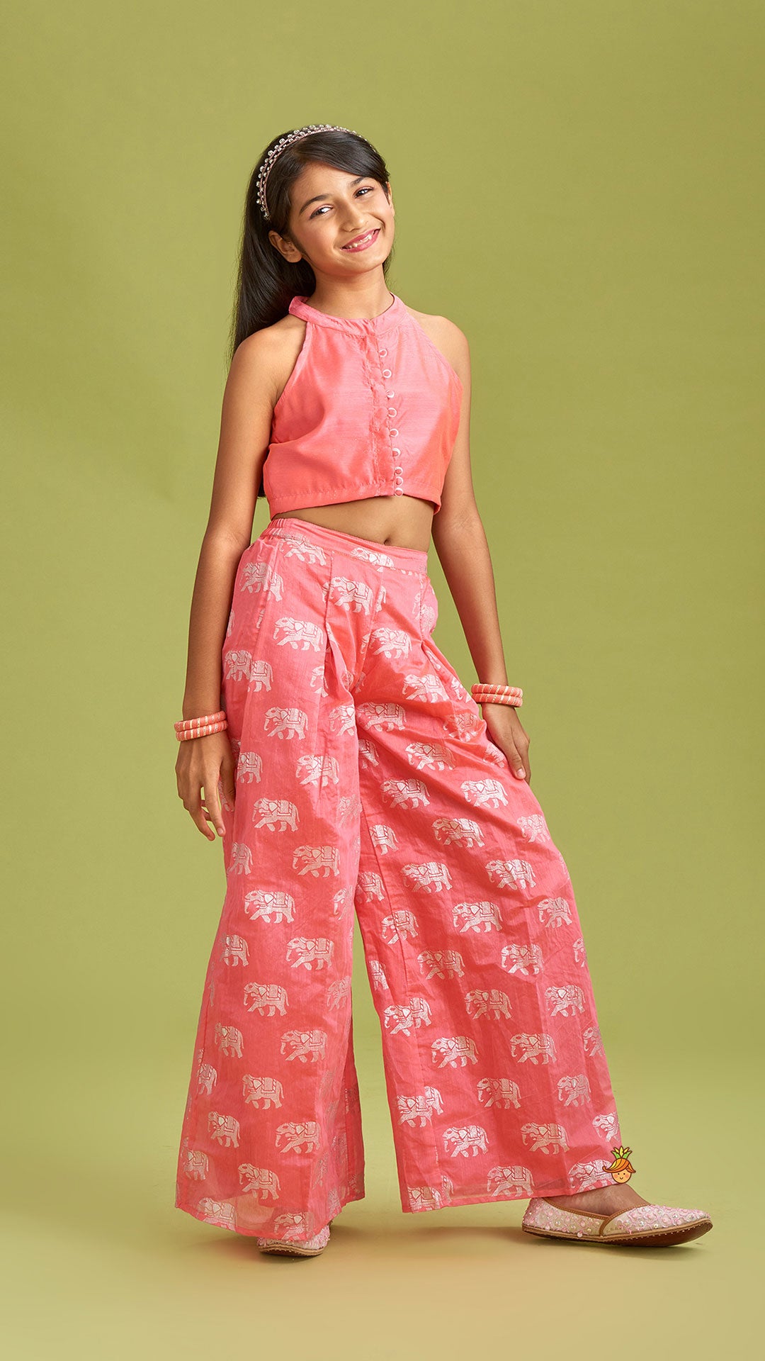 Sleeveless Pink Top and Elephant Print Palazzo