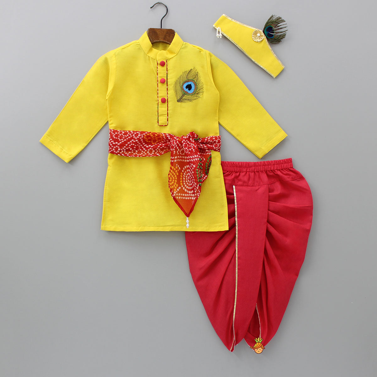 Yellow Embroidered Kurta And Dhoti With Krishna Headband