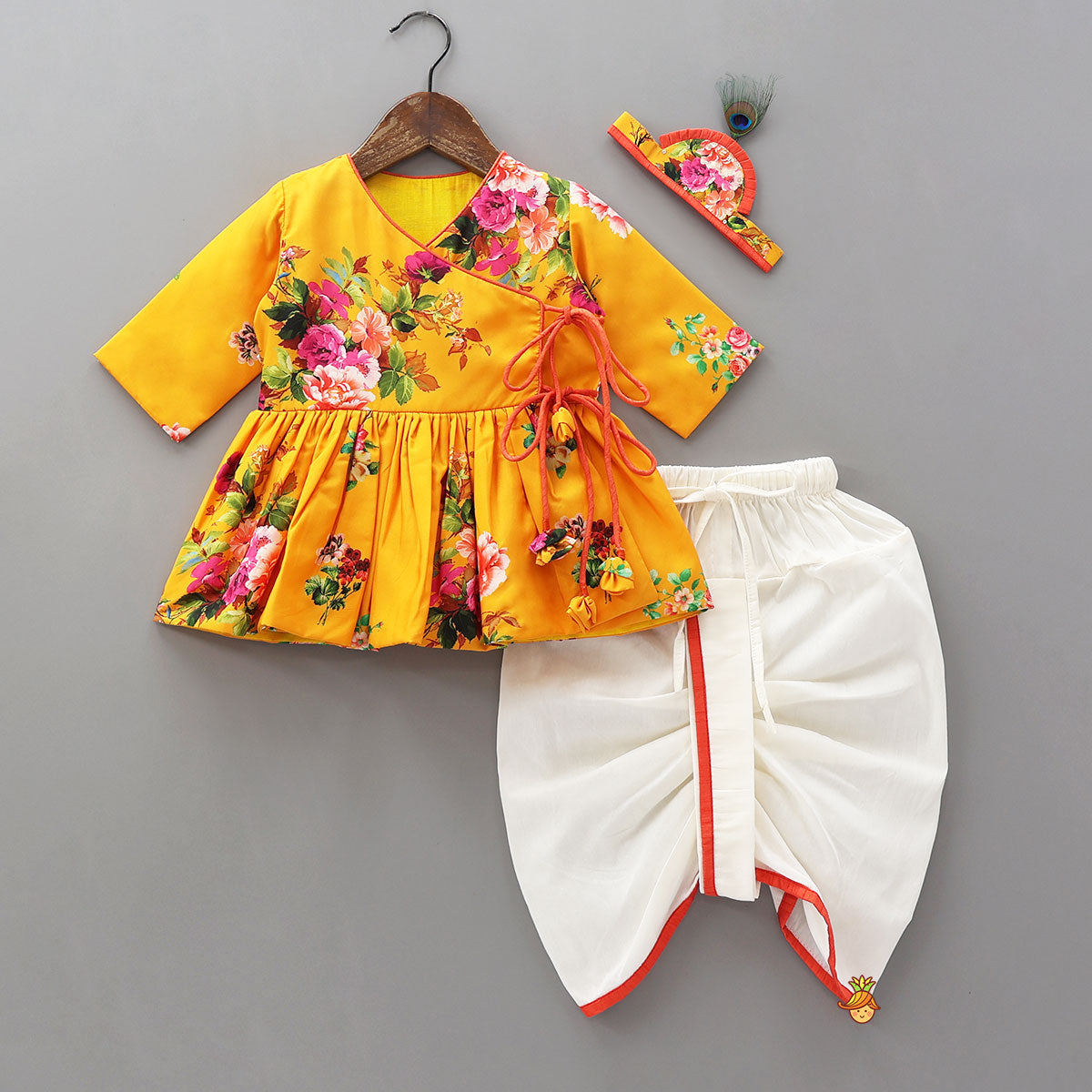 Pre Order: Floral Printed Angarkha Kurti With Dhoti And Mukut