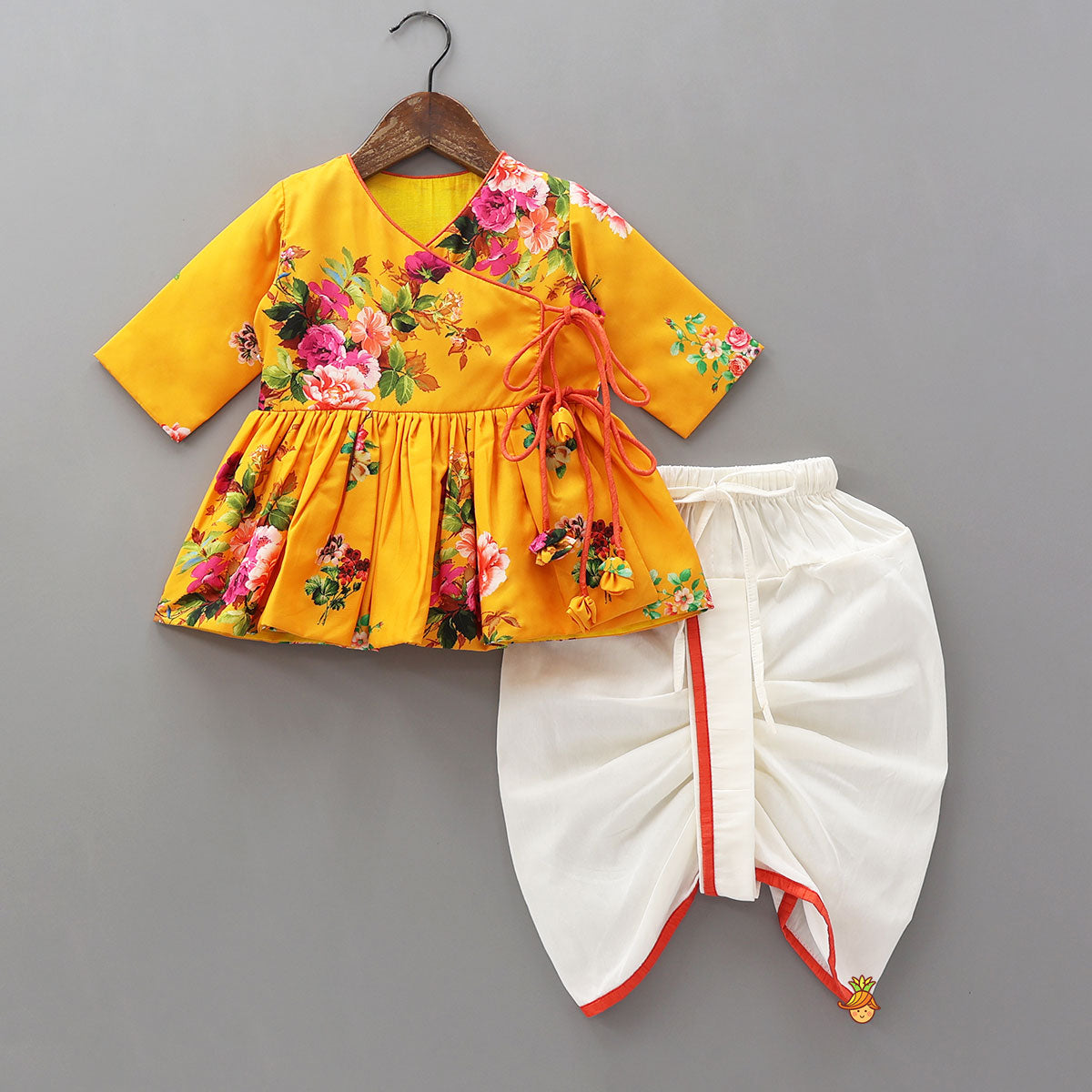 Pre Order: Floral Printed Angarkha Kurti With Dhoti And Mukut