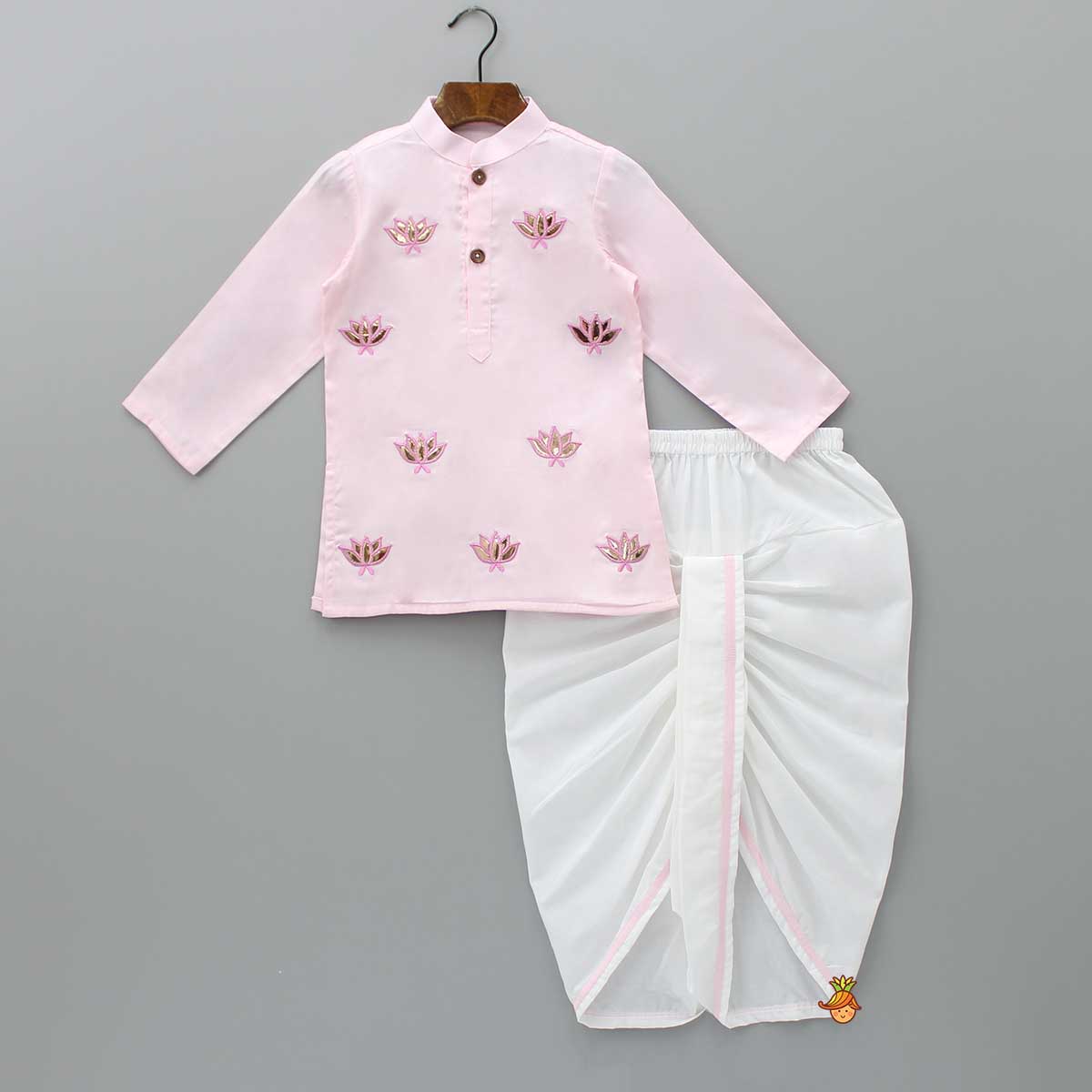 Pre Order: Lotus Patch Embroidered Pink Kurta And Dhoti