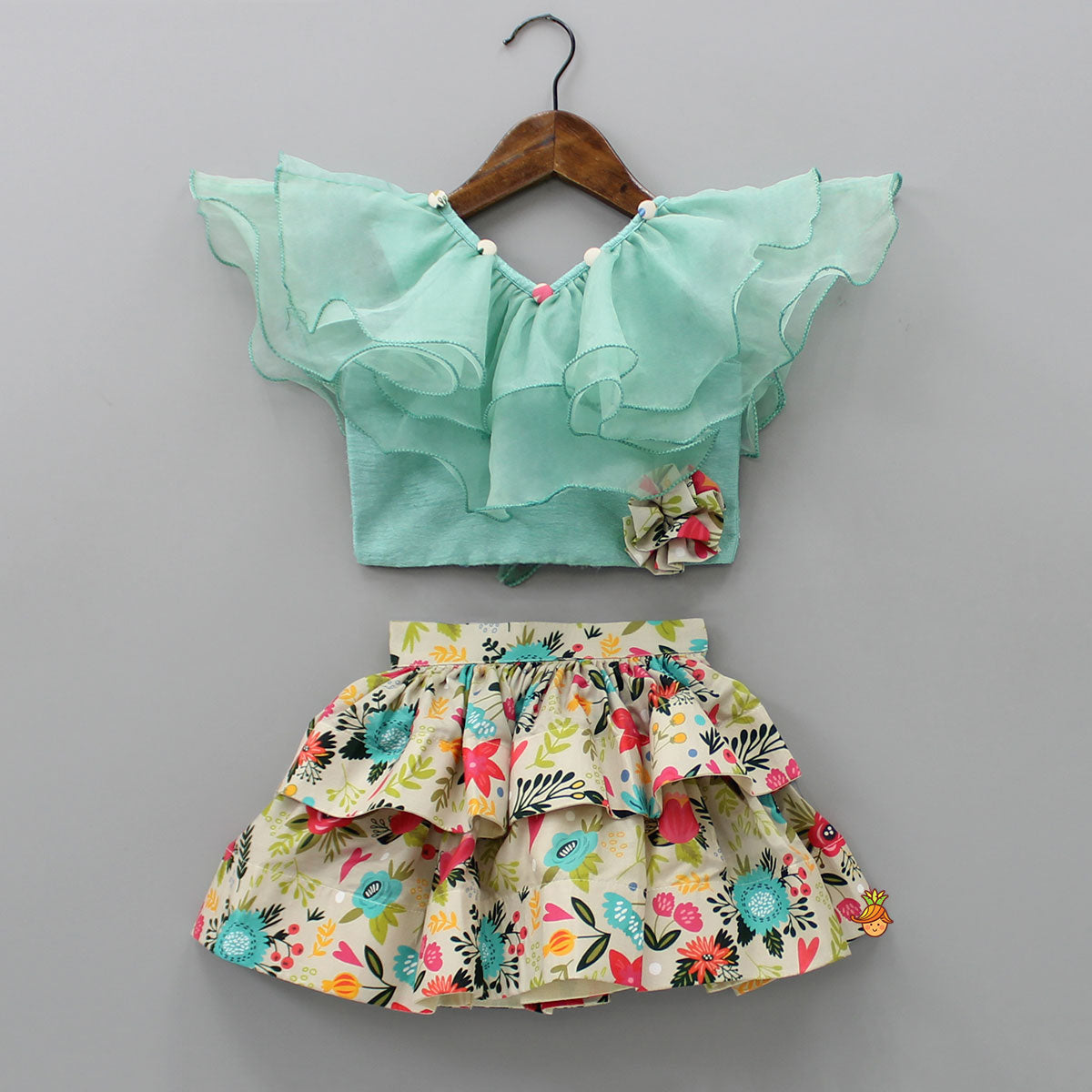 Pre Order Frilly Top And Floral Printed Layered Short Skirt