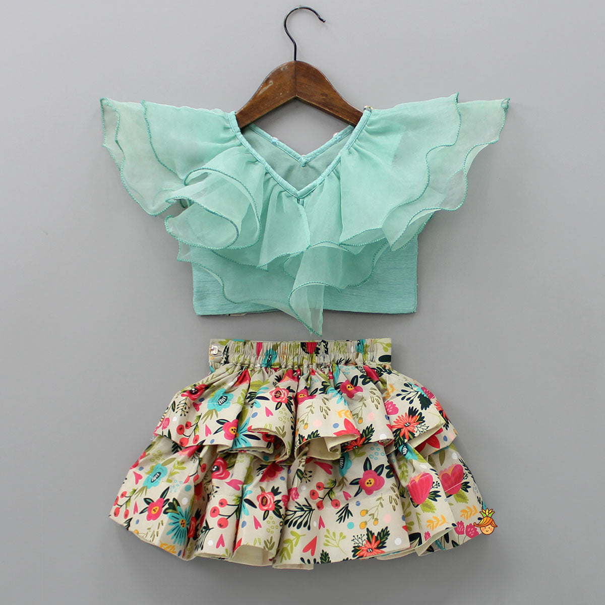 Pre Order: Frilly Top And Floral Printed Layered Short Skirt