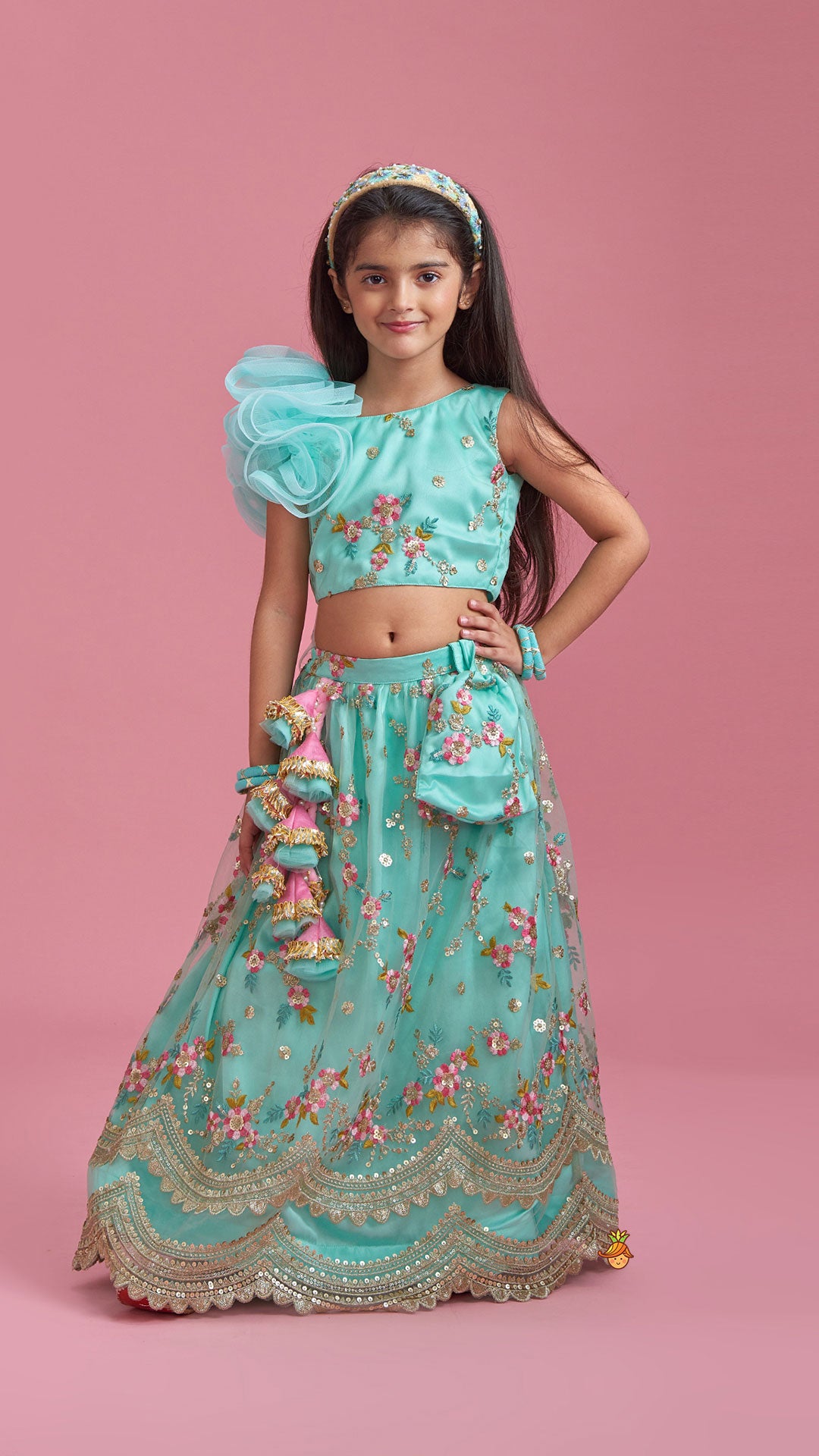 Pre Order: Sequin Embroidery Top with Lehenga Dupatta  And Potli Bag