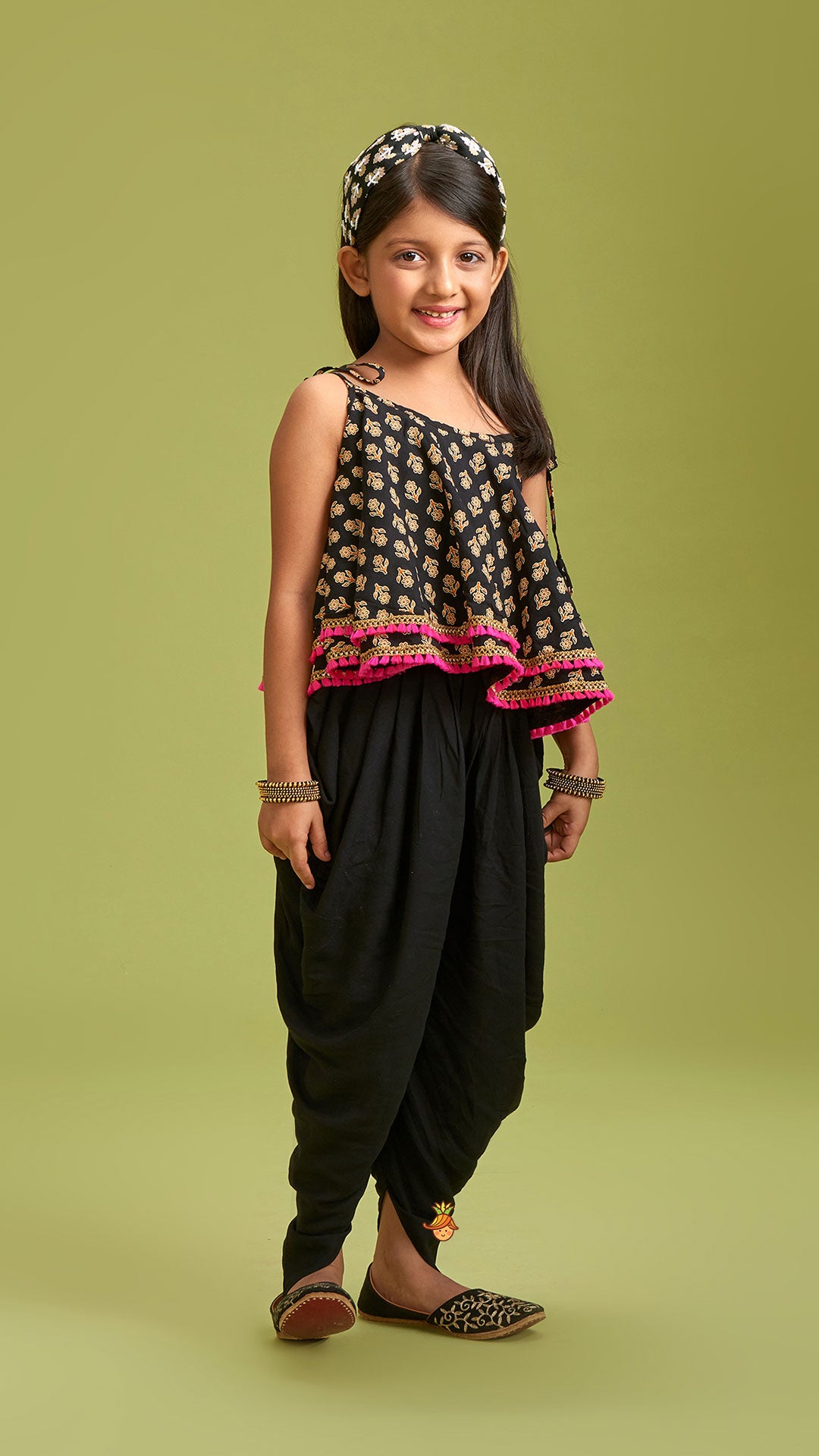 Black Stylish Printed Lace Work Top And Dhoti With Matching Sling Bag