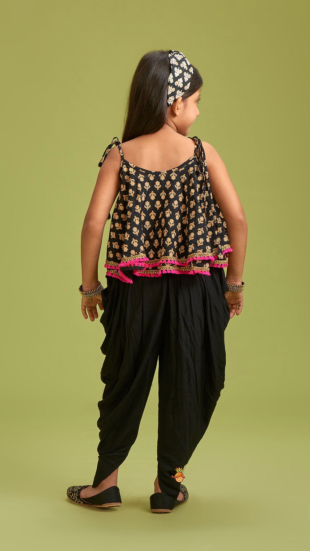 Black Stylish Printed Lace Work Top And Dhoti With Matching Sling Bag