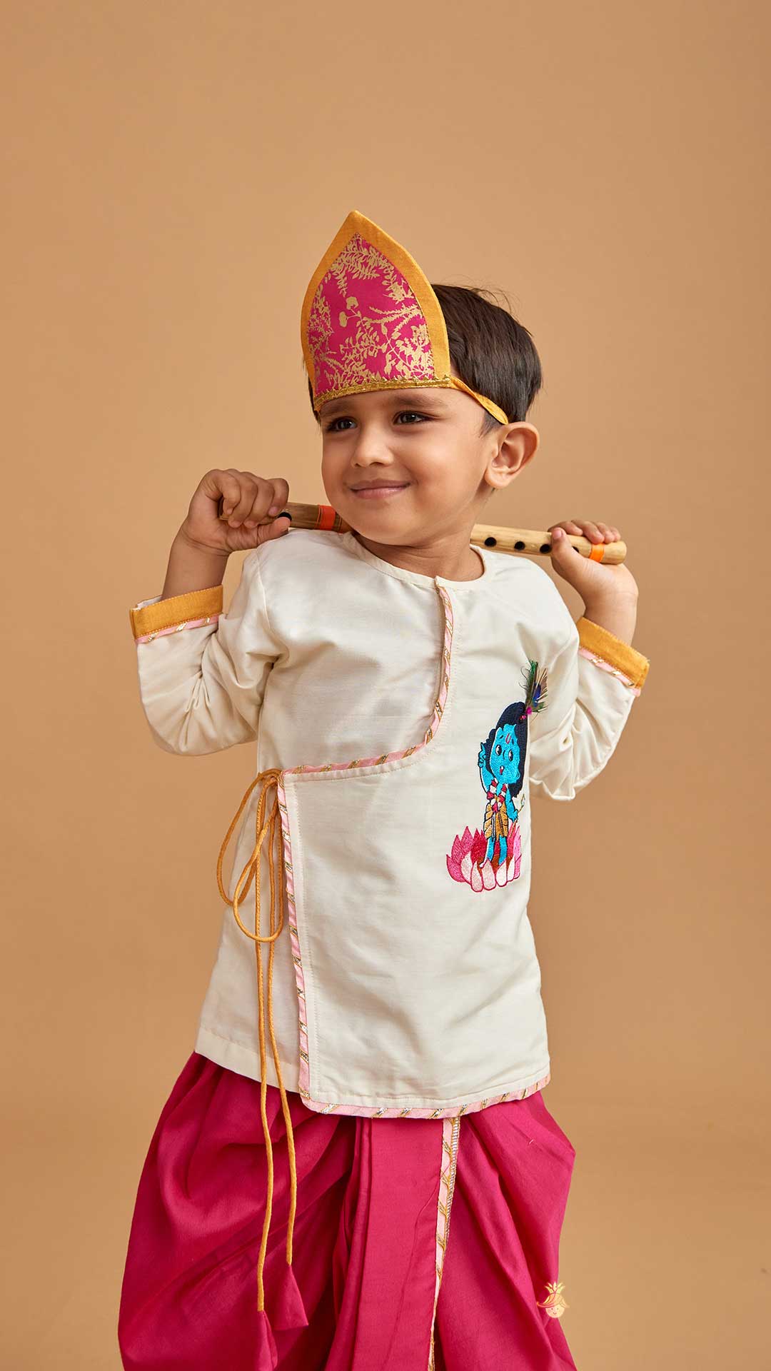 Pre Order: Krishna Embroidered Angarkha Style Kurta With Lace Work Dhoti And Mukut