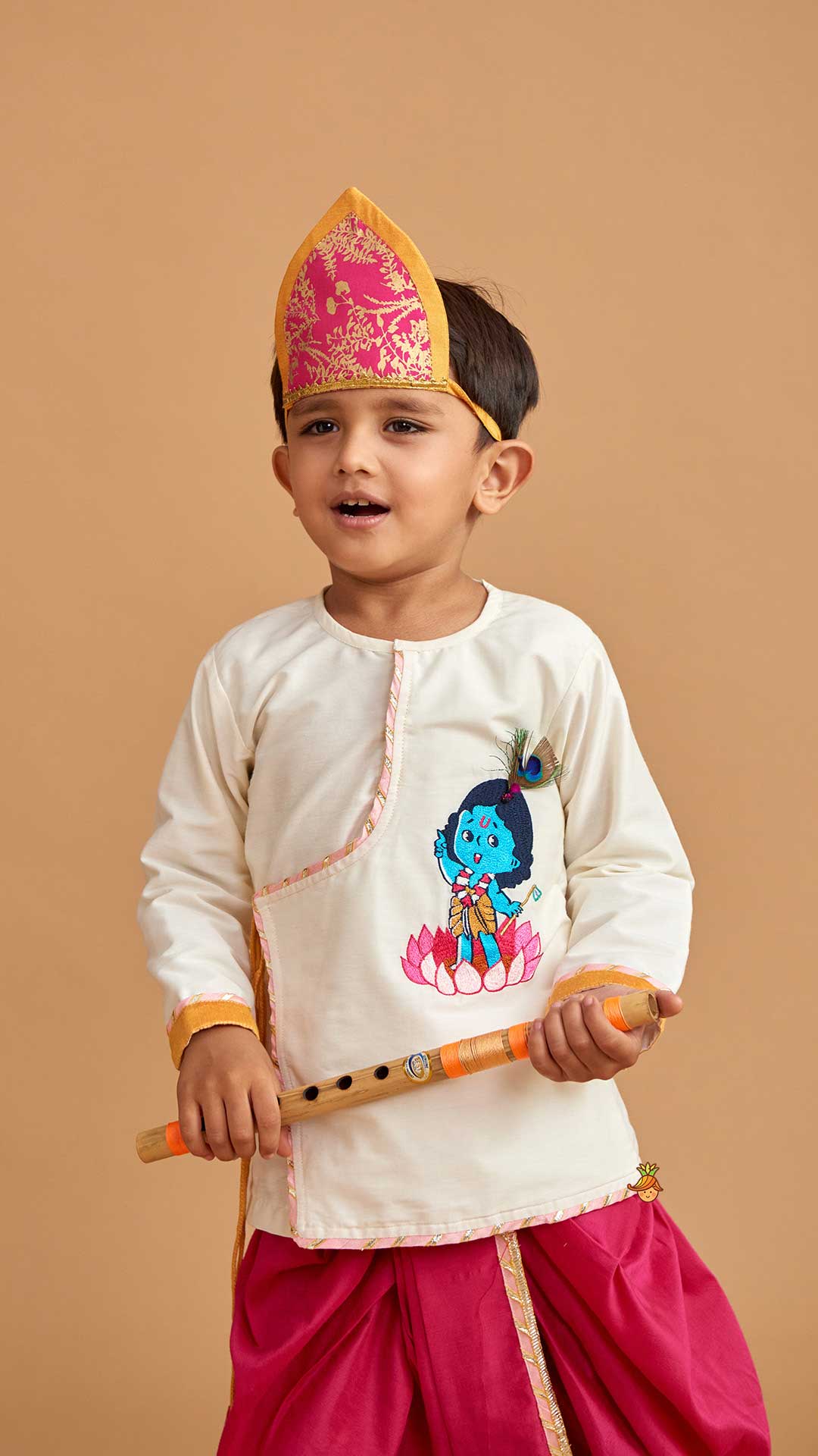 Pre Order: Krishna Embroidered Angarkha Style Kurta With Lace Work Dhoti And Mukut