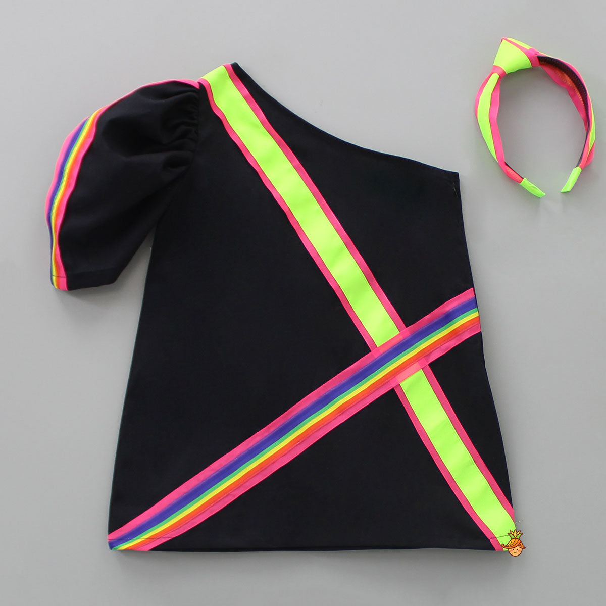 Pre Order: Multicolour Stripe One Shoulder Dress With Hairband