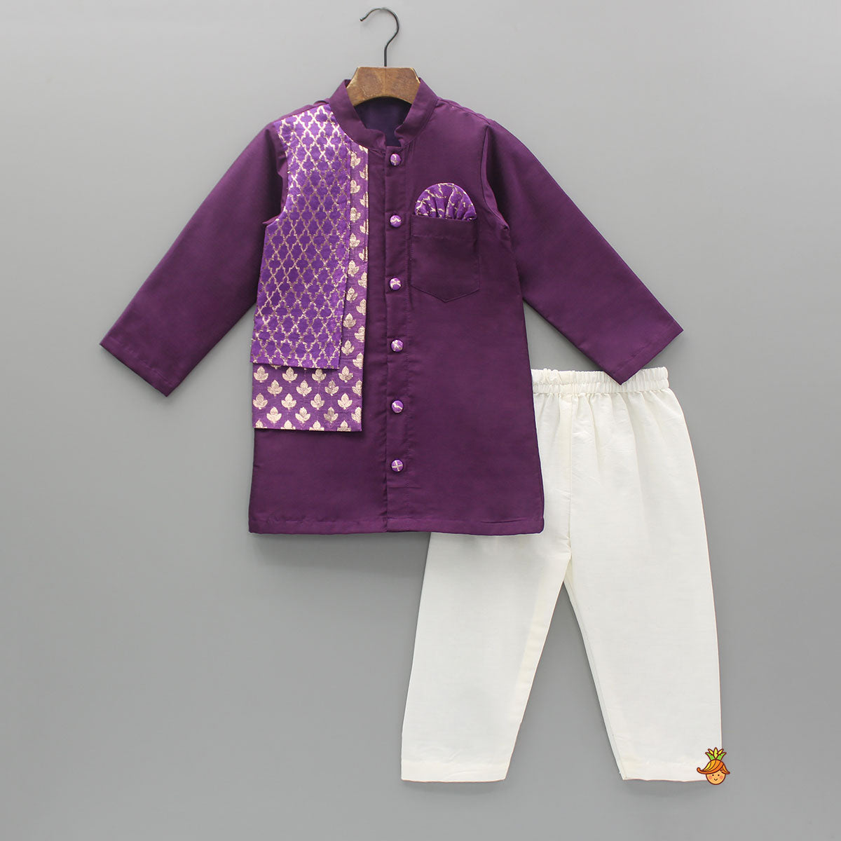 Pre Order: Kurta With Brocade Printed Attached Half Jacket And Pyjama