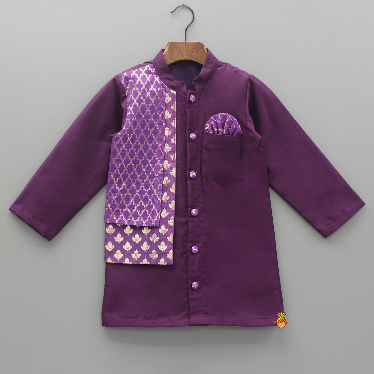 Pre Order: Kurta With Brocade Printed Attached Half Jacket And Pyjama