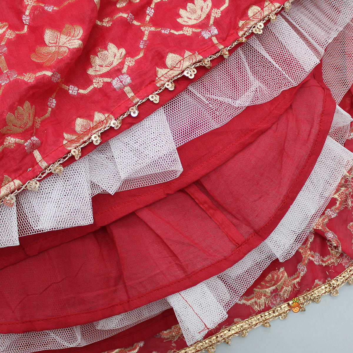 Pre Order: Zari And Sequin Work Elegant Red Top With Lotus Brocade Printed Lehenga