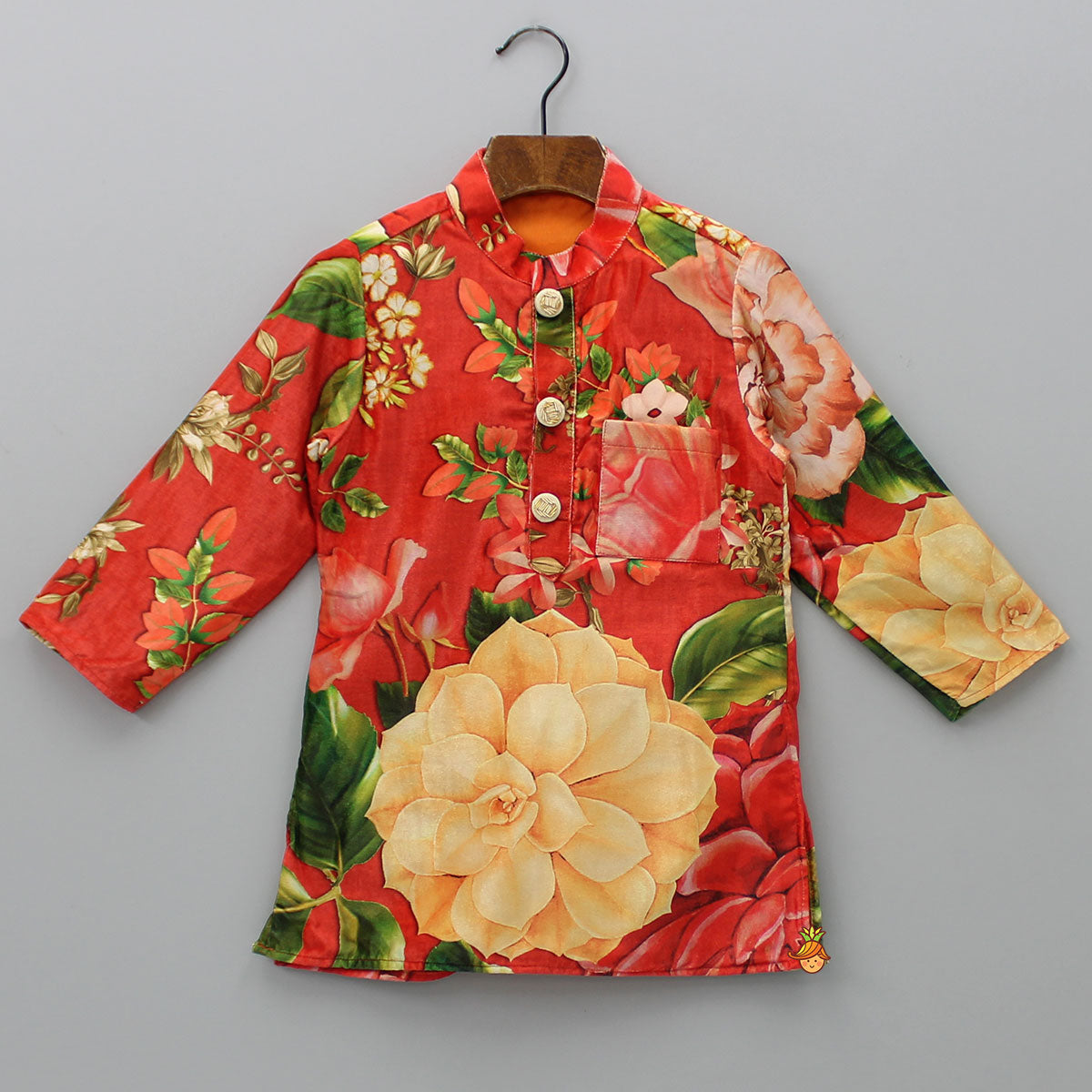 Pre Order: Velvet Floral Printed Orange Kurta With Green Velvet Jacket And Pyjama