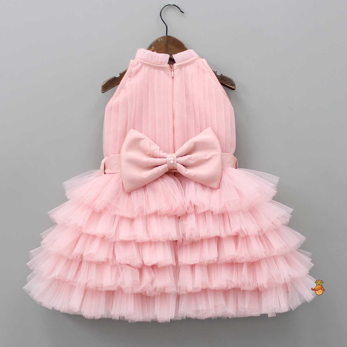 Pintuck Detailing And Frilly Layered Halter Neck Peach Dress With Matching Bowie Hair Band