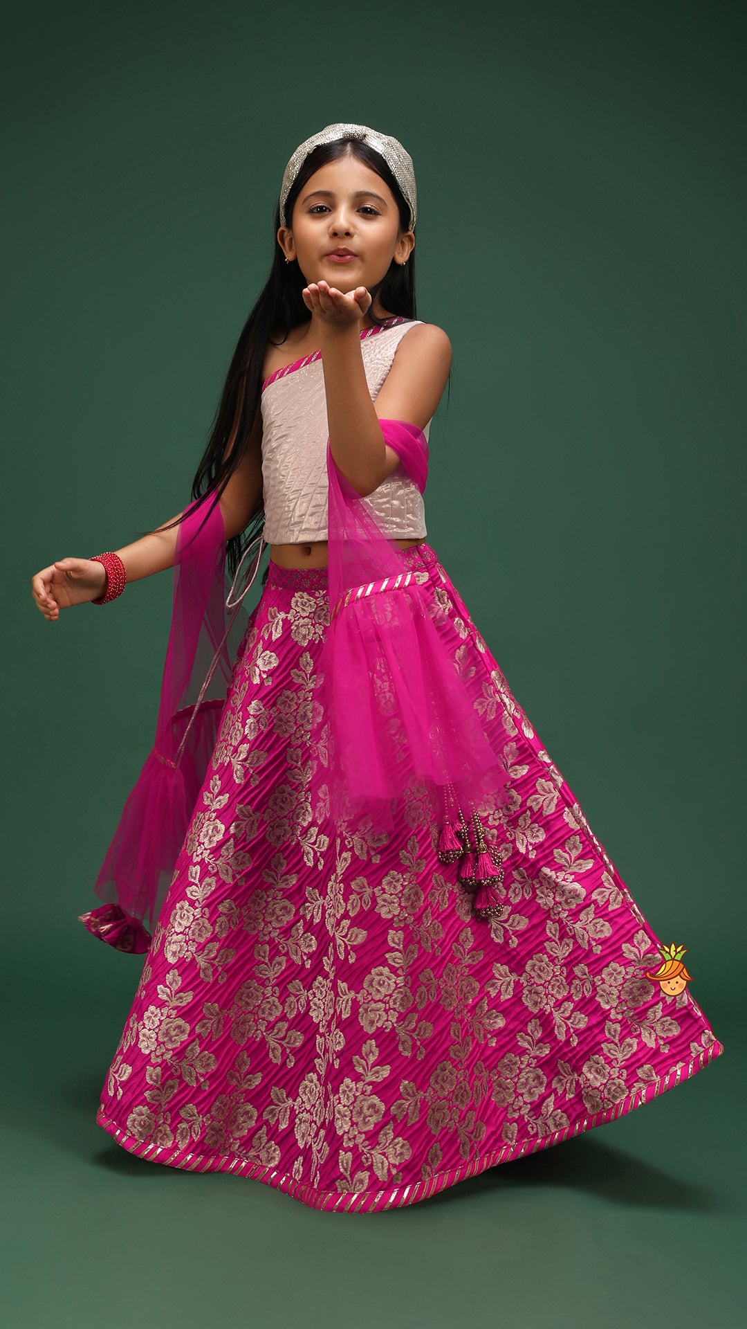 One Shoulder Top With Floral Brocade Embroidered Lehenga And Pink Dupatta