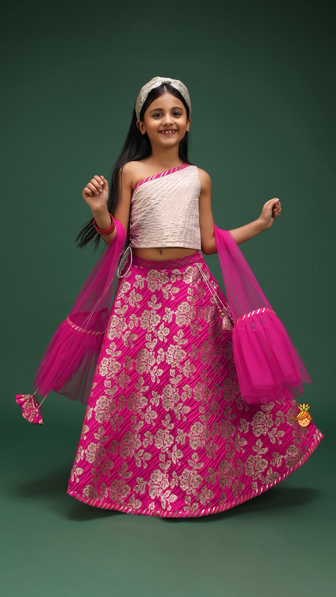 One Shoulder Top With Floral Brocade Embroidered Lehenga And Pink Dupatta