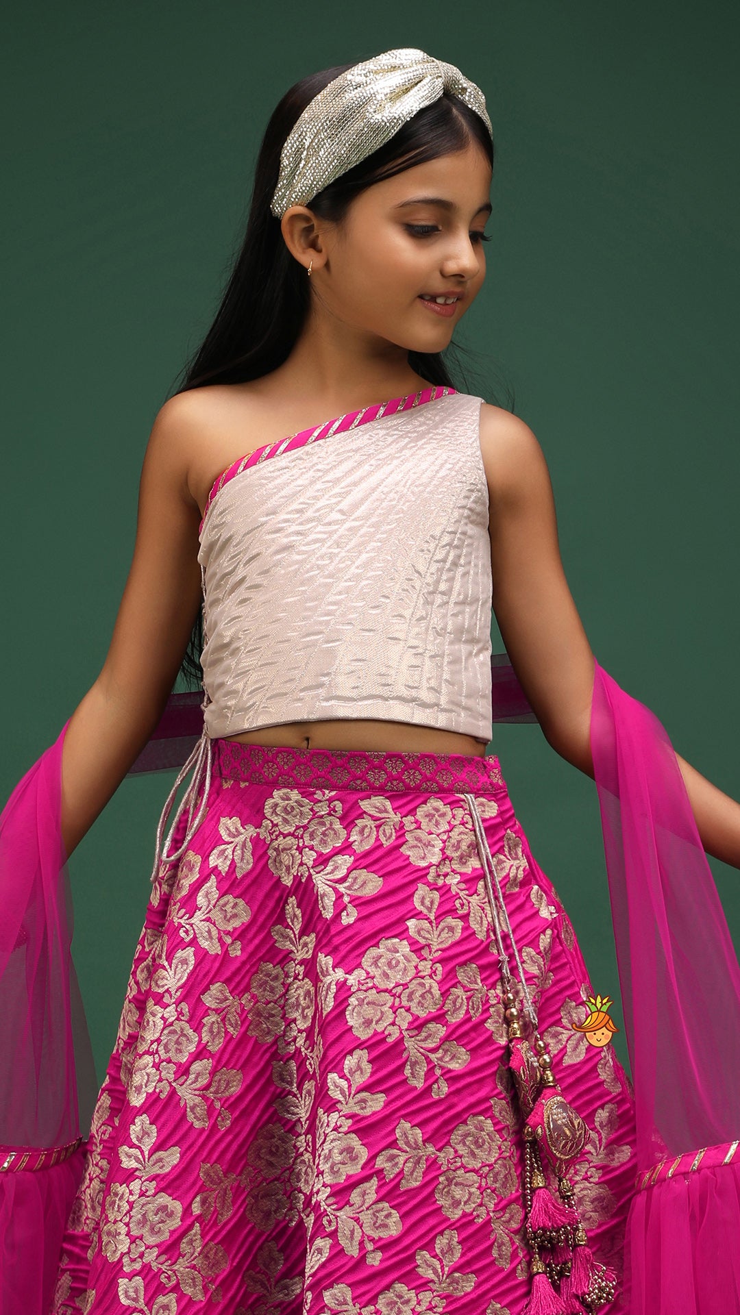 One Shoulder Top With Floral Brocade Embroidered Lehenga And Pink Dupatta